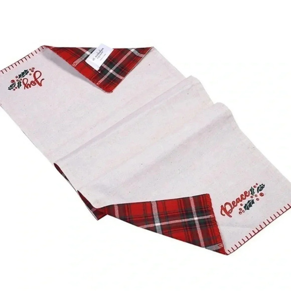 St. Nicholas Square Reversible Plaid Peace & Joy Table Runner - Picture 2 of 3
